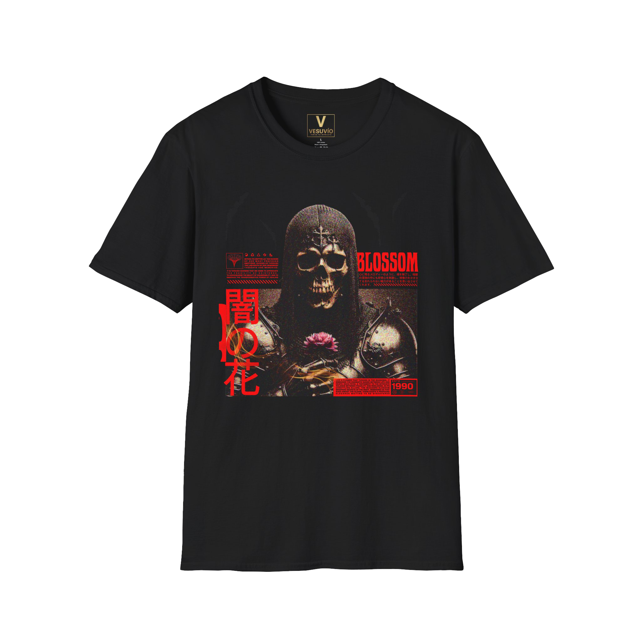 Skull & Rose Graphic T-Shirt — Gothic Japanese Kanji Horror Design
