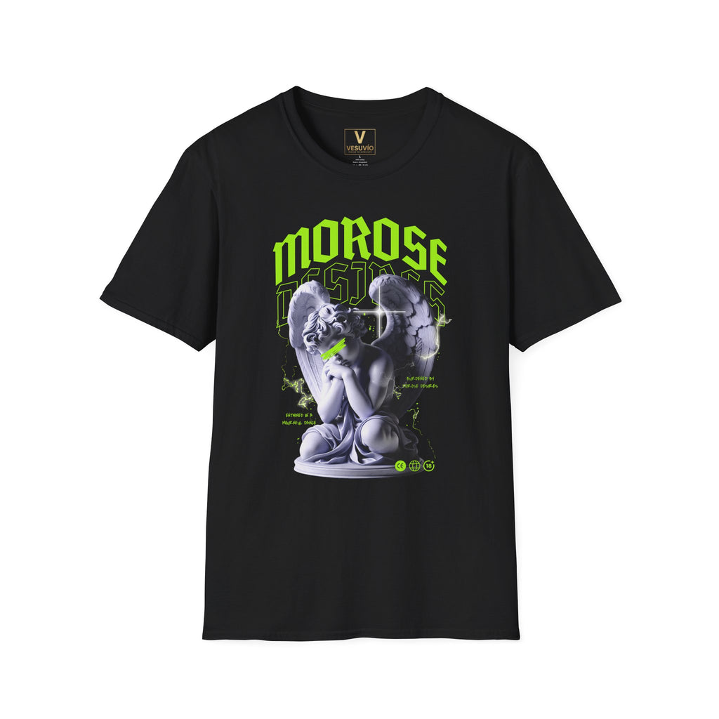 Morose Angel Graphic T-Shirt — Gothic Statue Tee with Neon Green Text