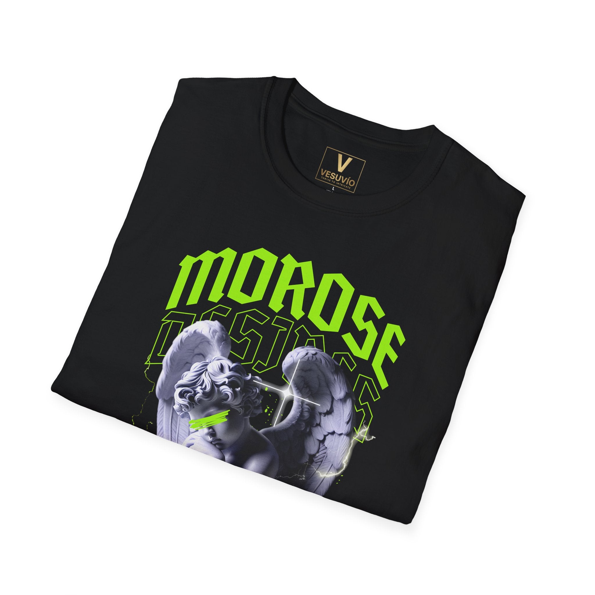 Morose Angel Graphic T-Shirt — Gothic Statue Tee with Neon Green Text