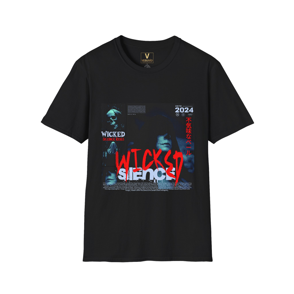 Wicked Silence graphic T-Shirt | horror collage, red graffiti text, graphic tee