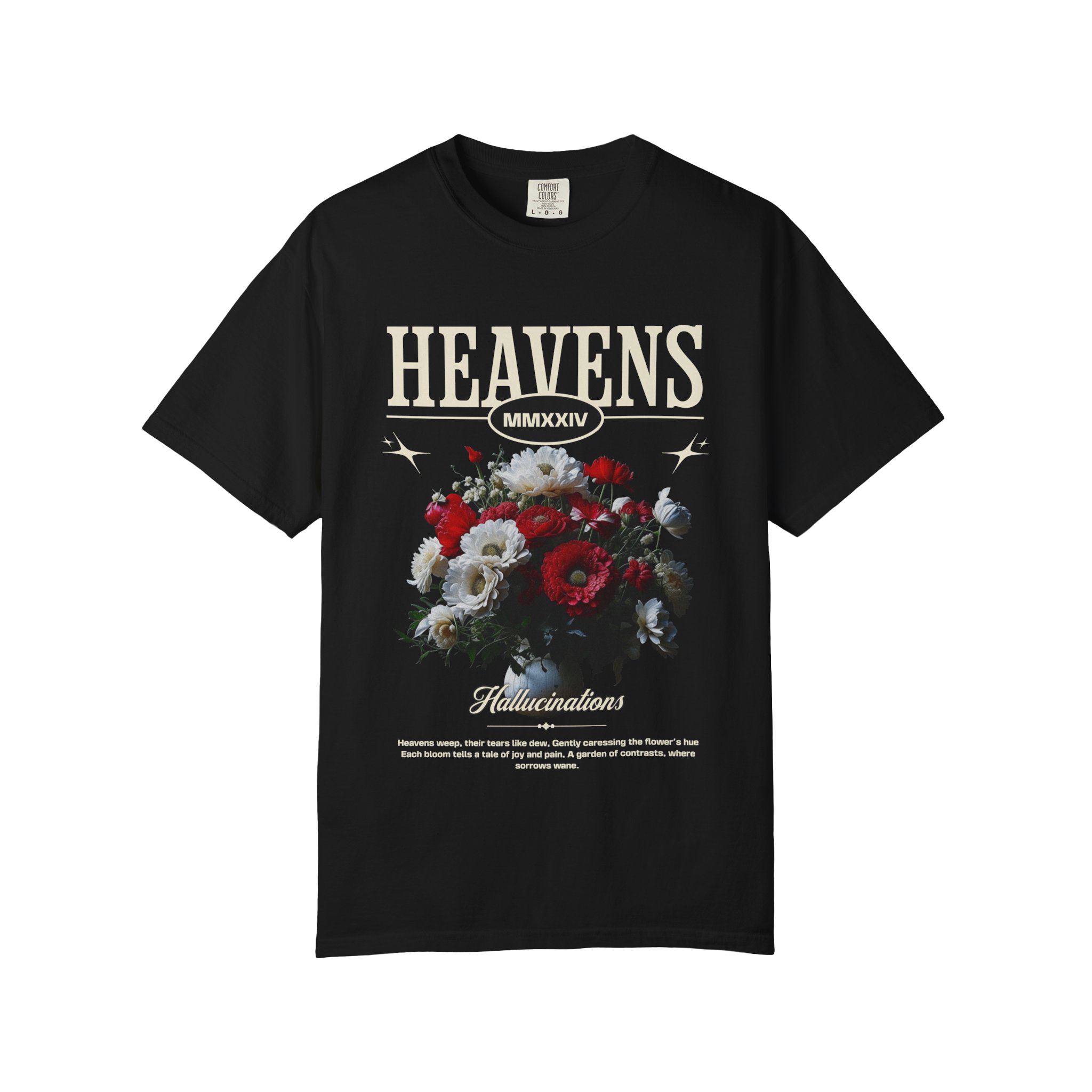 Heavens Floral Bouquet T-shirt | Vintage Roman Numerals, Dark Floral Graphic