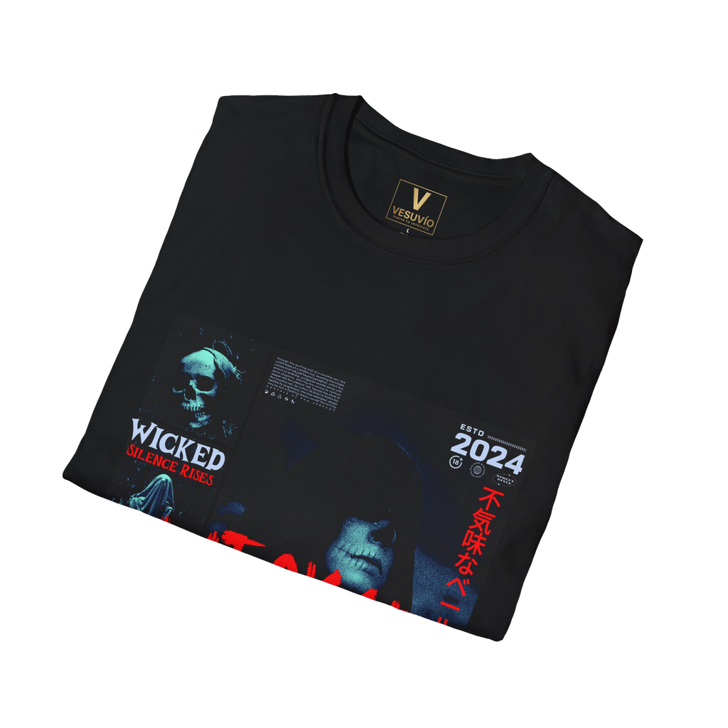 Wicked Silence graphic T-Shirt | horror collage, red graffiti text, graphic tee