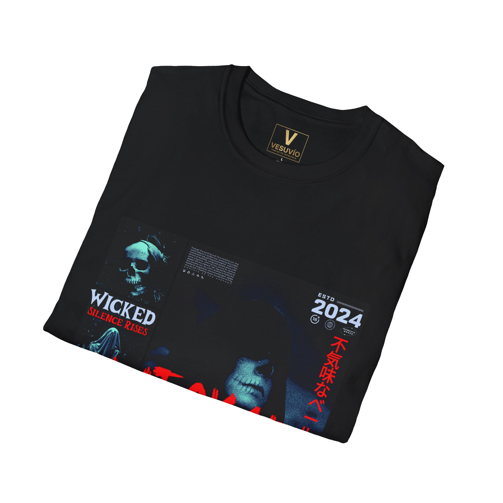 Wicked Silence graphic T-Shirt | horror collage, red graffiti text, graphic tee