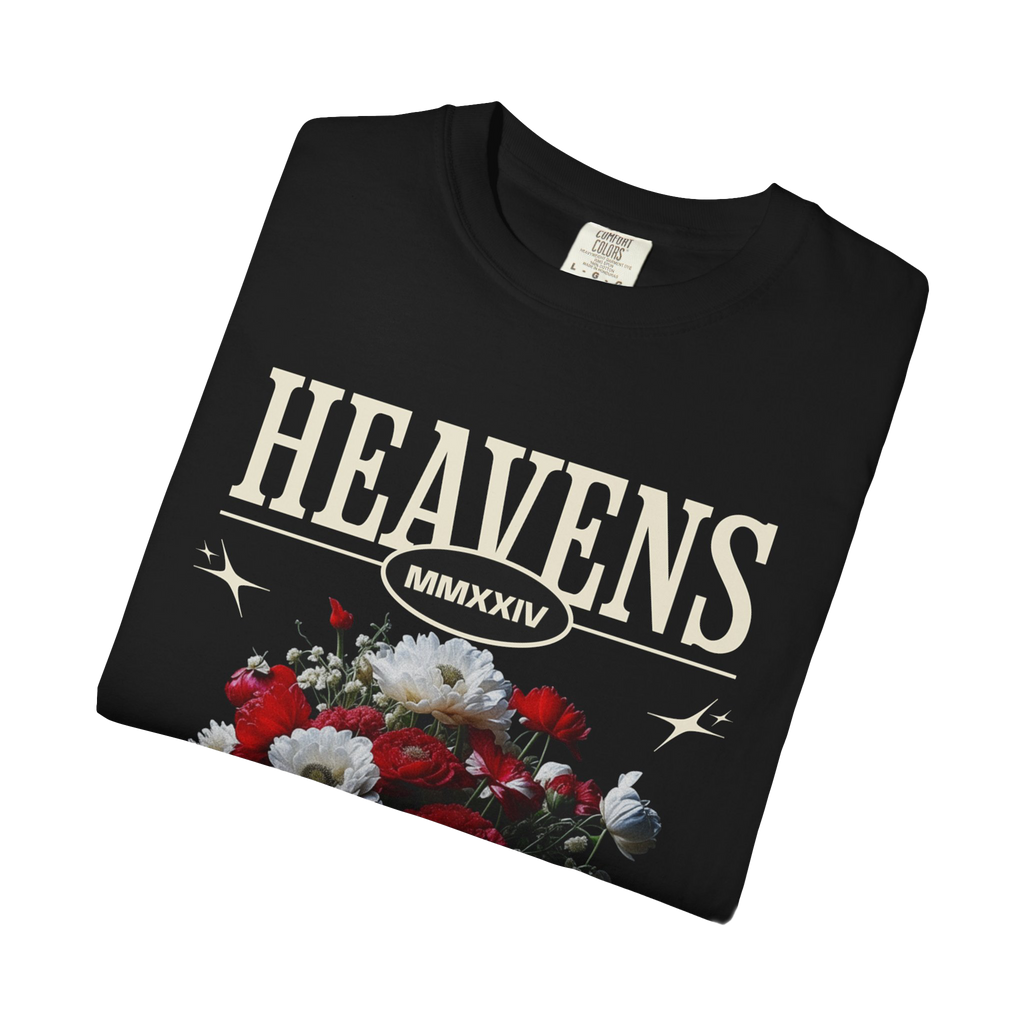 Heavens Floral Bouquet T-shirt | Vintage Roman Numerals, Dark Floral Graphic