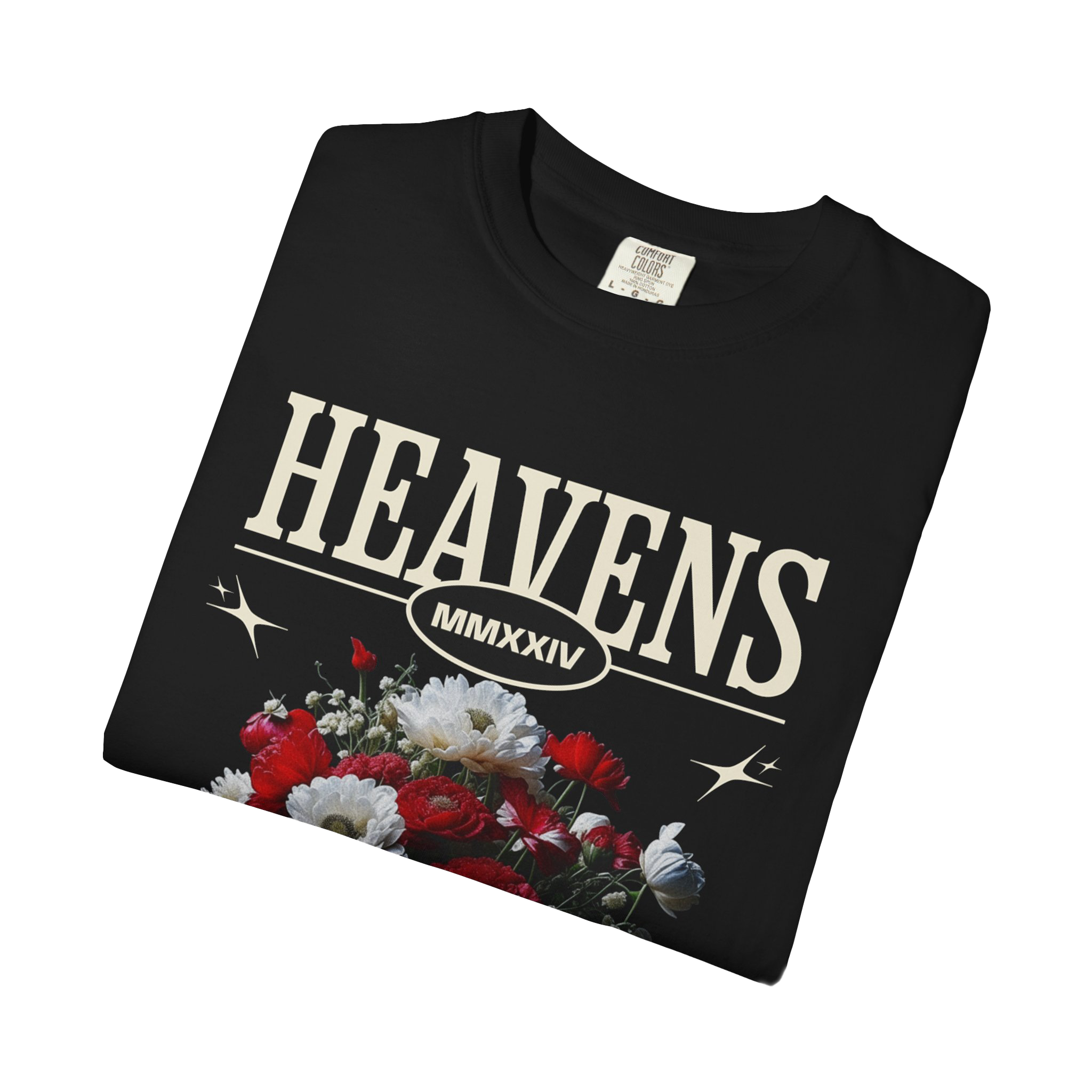 Heavens Floral Bouquet T-shirt | Vintage Roman Numerals, Dark Floral Graphic