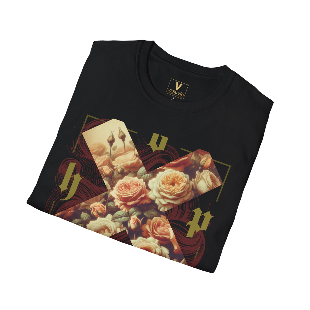 Vintage Floral Cross T-Shirt | Roses, Ornate Script, Dark Aesthetic