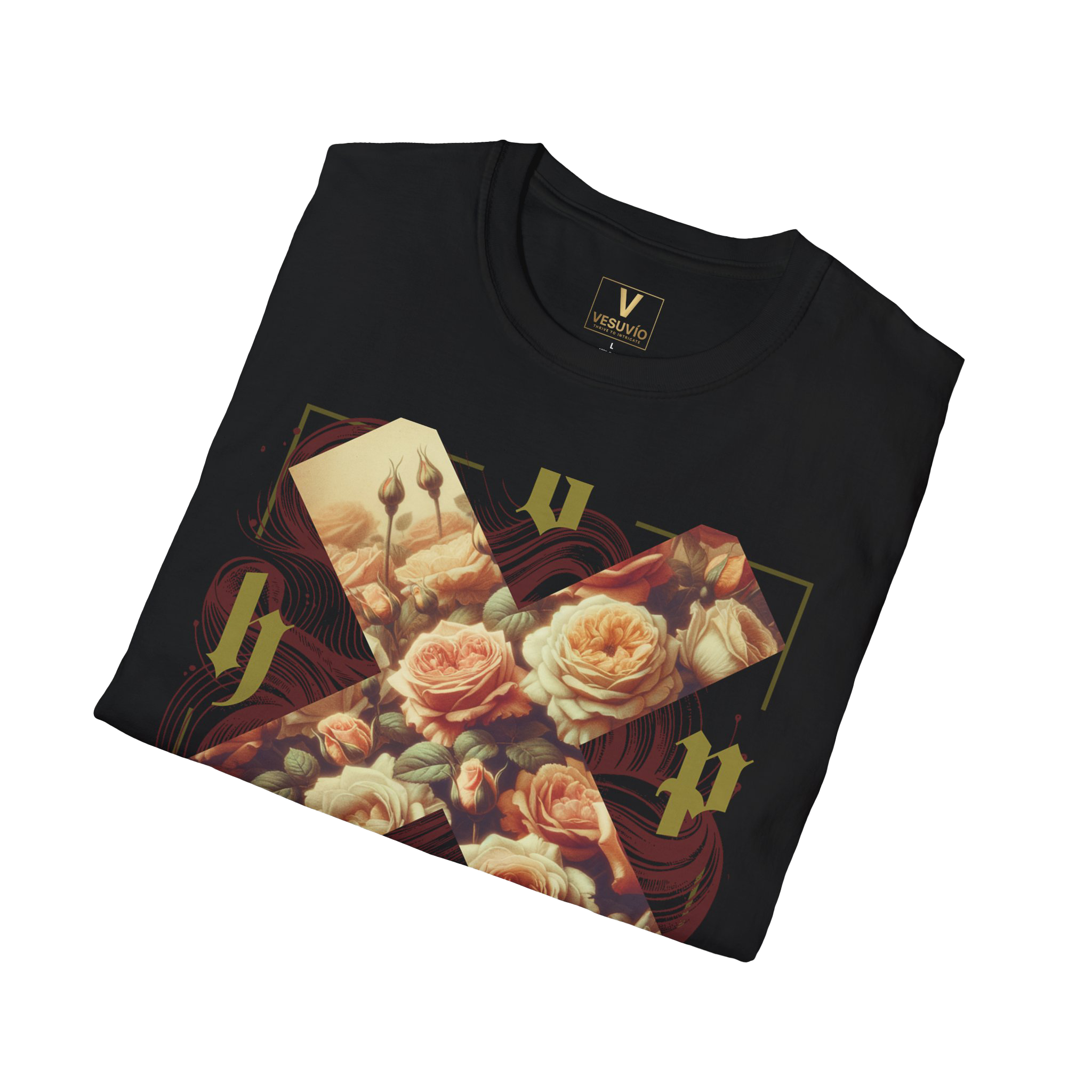 Vintage Floral Cross T-Shirt | Roses, Ornate Script, Dark Aesthetic