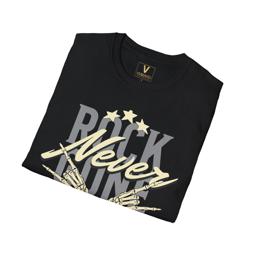 Rock Never Dies T-Shirt — Vintage Skeleton Hands Guitar Tribute Tee