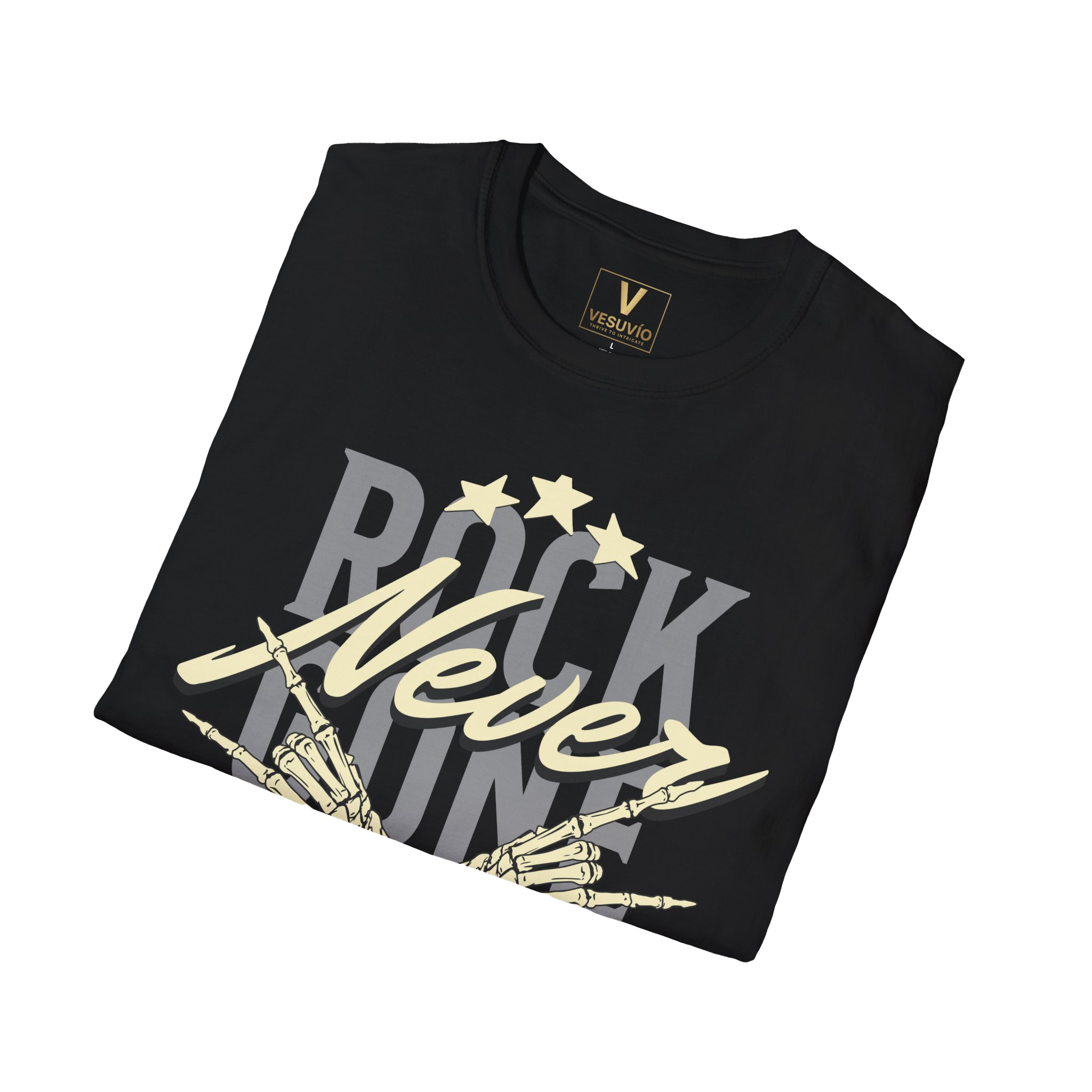 Rock Never Dies T-Shirt — Vintage Skeleton Hands Guitar Tribute Tee