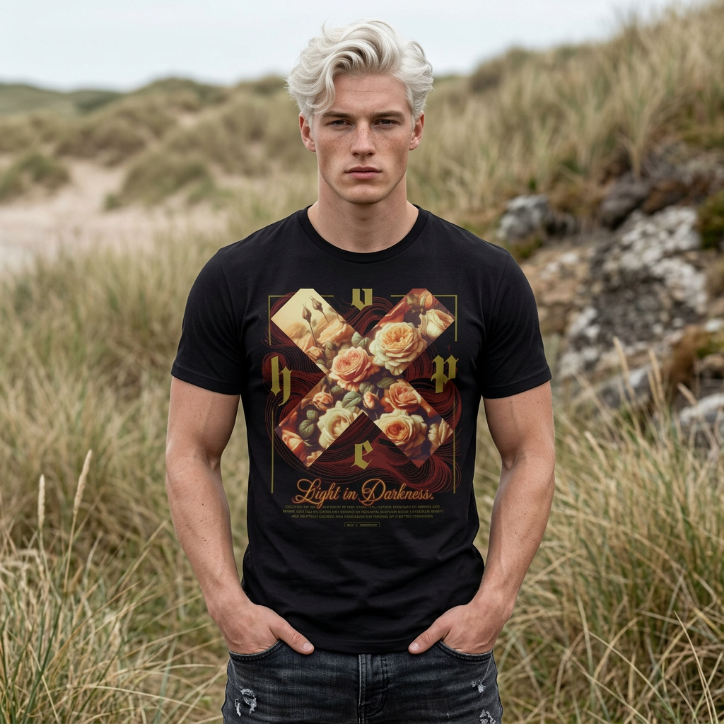 Vintage Floral Cross T-Shirt | Roses, Ornate Script, Dark Aesthetic