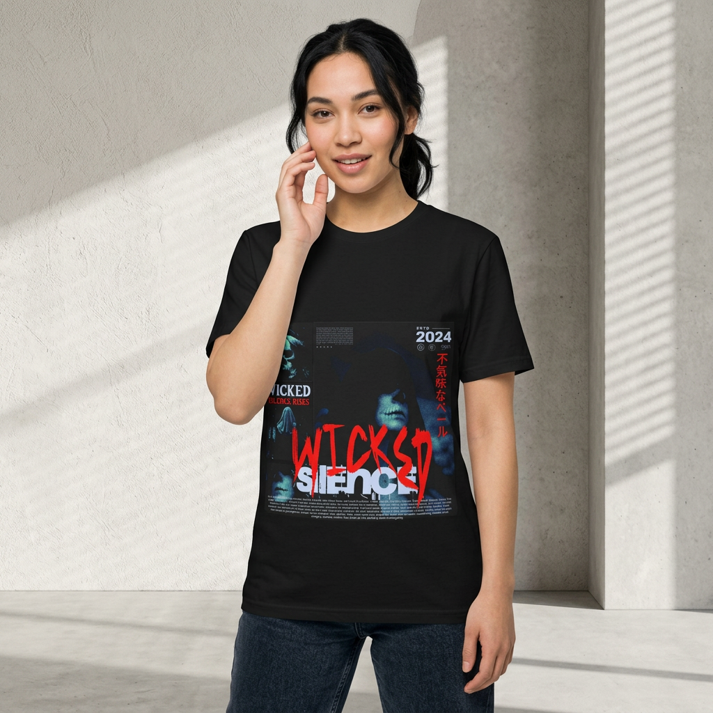 Wicked Silence graphic T-Shirt | horror collage, red graffiti text, graphic tee