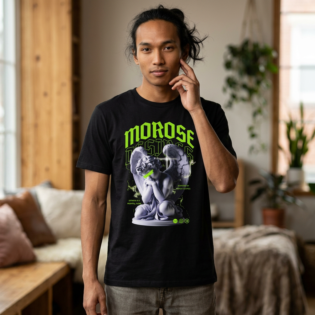 Morose Angel Graphic T-Shirt — Gothic Statue Tee with Neon Green Text