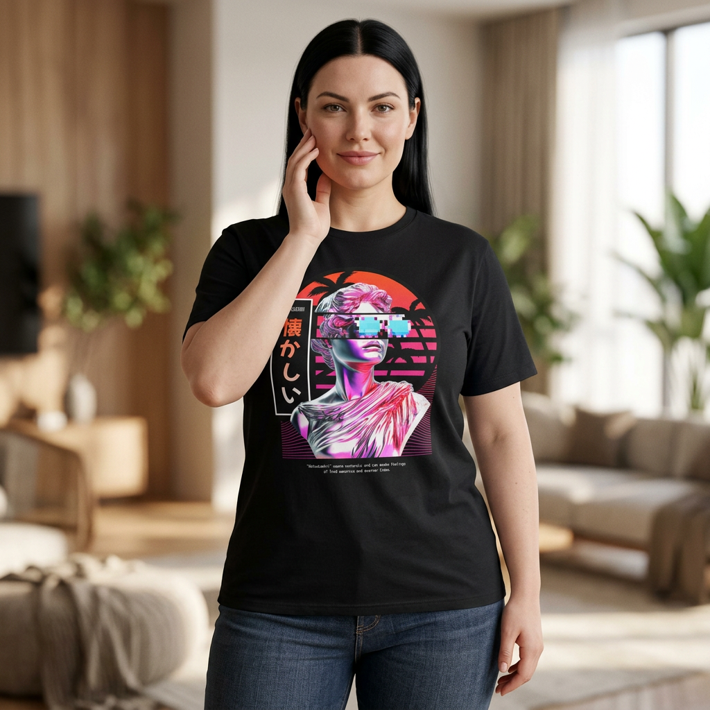 Vaporwave Statue Graphic T-Shirt — "Natsukashii" Retro Japanese Synthwave Tee