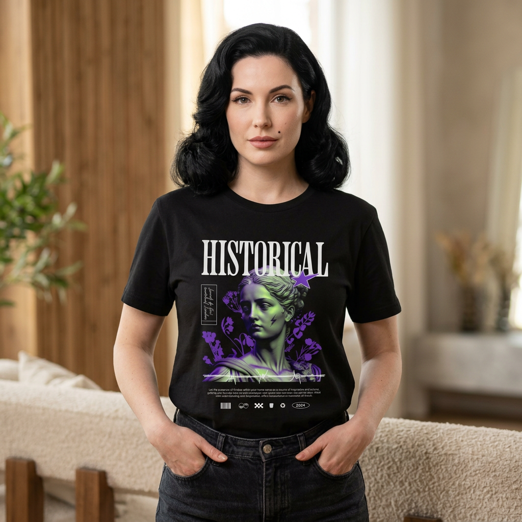 Historical Statue Graphic Tee — Neon Purple Vintage Sculpture T-Shirt