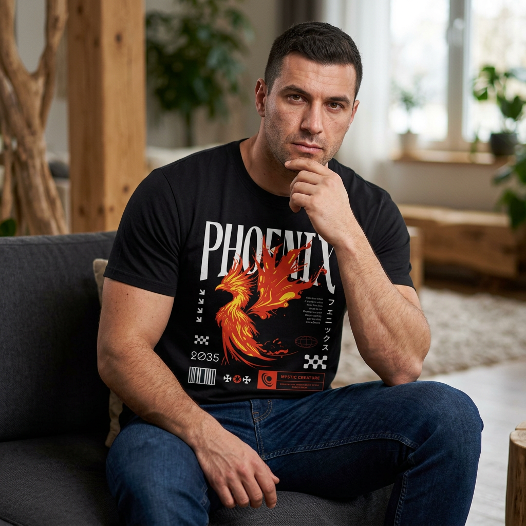 Phoenix Flame Graphic T-Shirt — Retro Japanese Streetwear Tee
