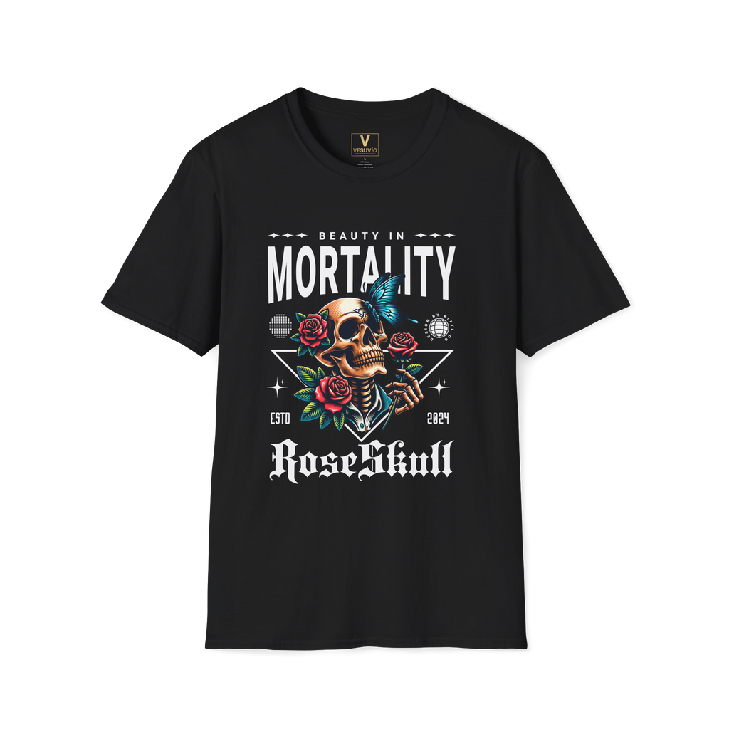 Beauty in Mortality Skull T-Shirt — Rose & Butterfly Graphic