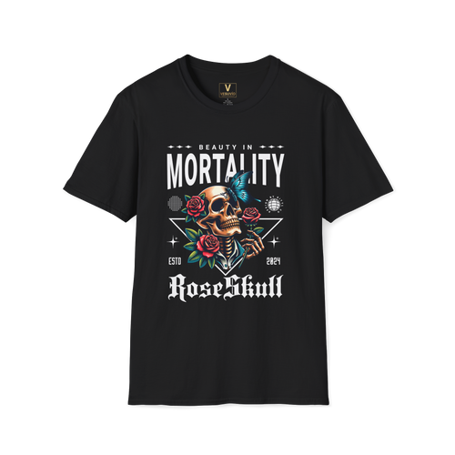 Beauty in Mortality Skull T-Shirt — Rose & Butterfly Graphic