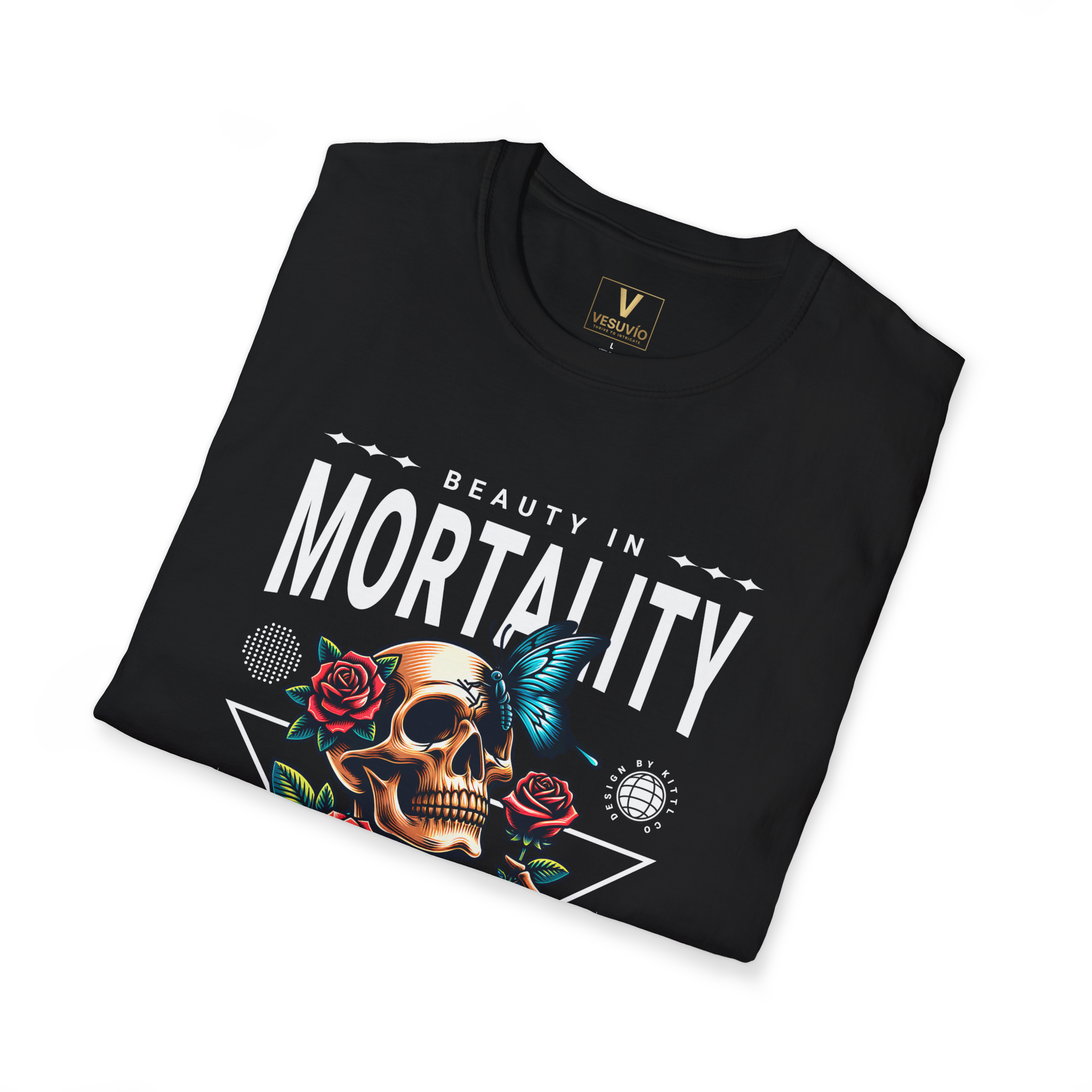 Beauty in Mortality Skull T-Shirt — Rose & Butterfly Graphic