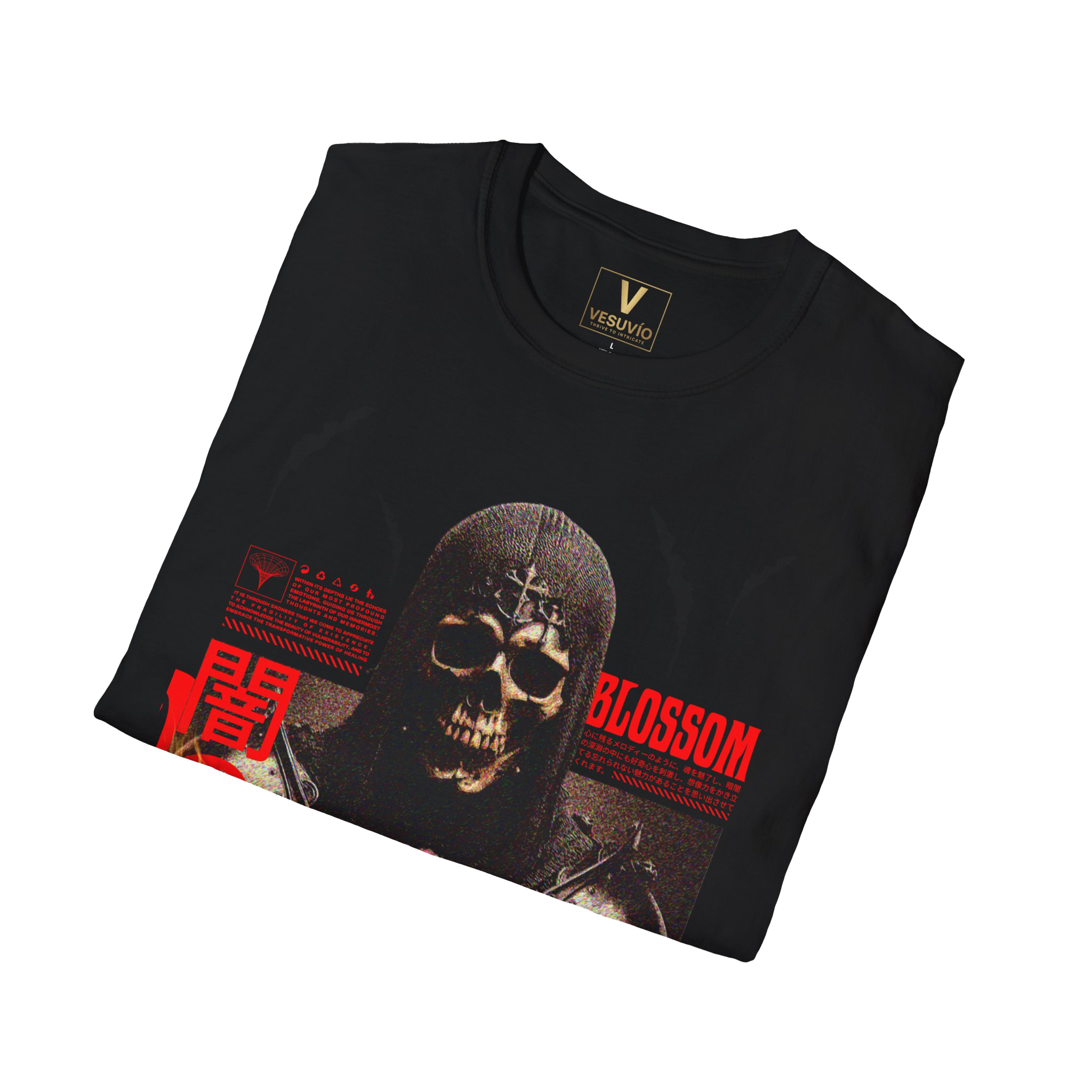 Skull & Rose Graphic T-Shirt — Gothic Japanese Kanji Horror Design