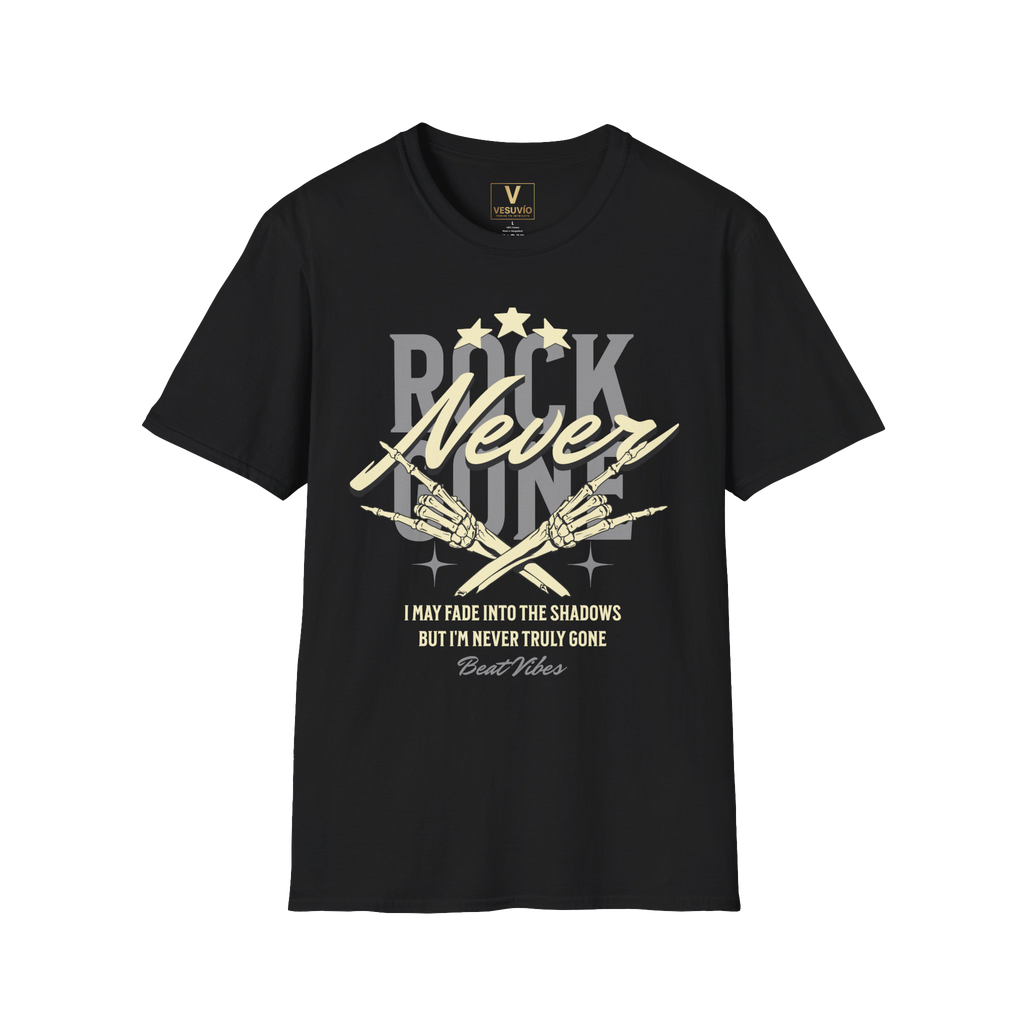 Rock Never Dies T-Shirt — Vintage Skeleton Hands Guitar Tribute Tee