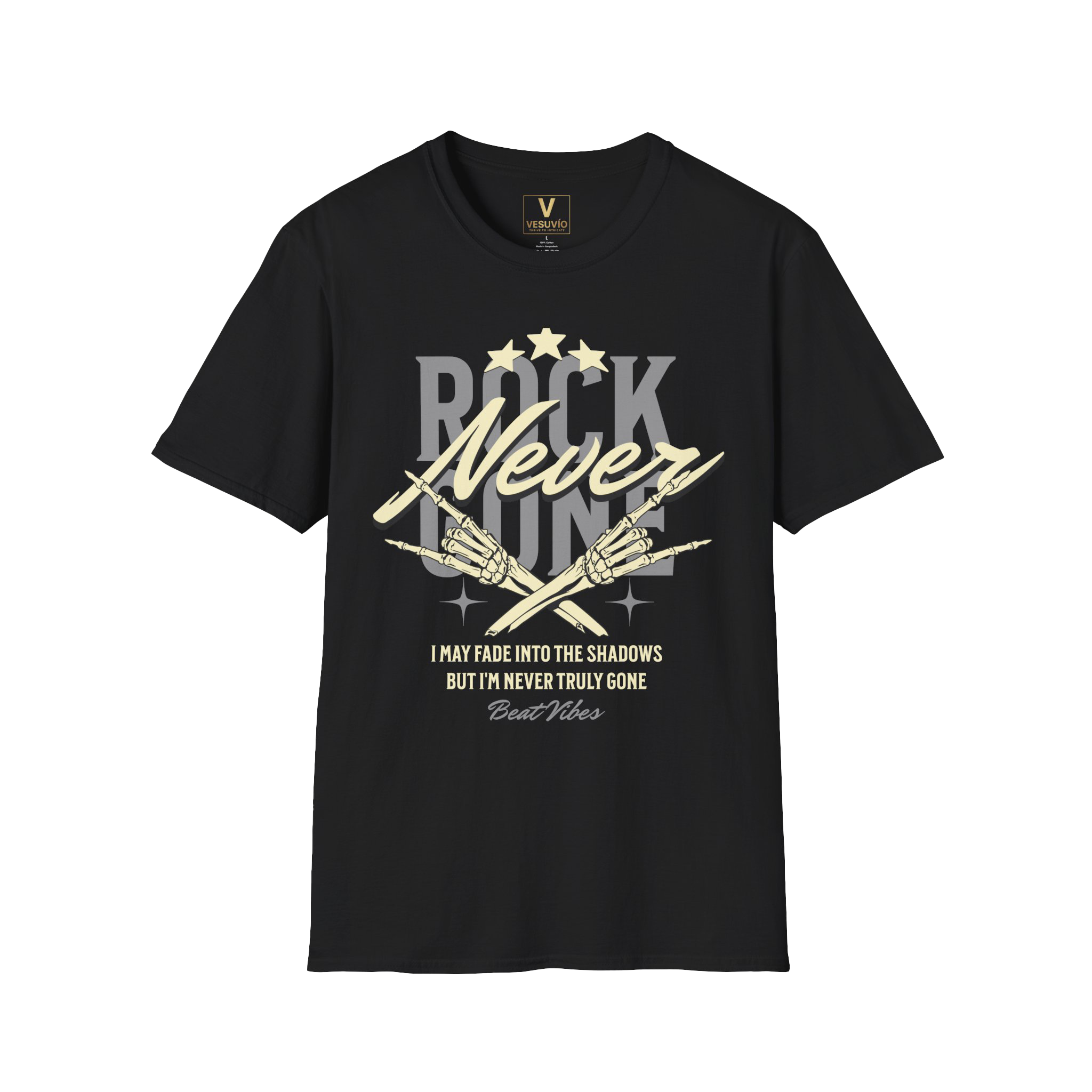 Rock Never Dies T-Shirt — Vintage Skeleton Hands Guitar Tribute Tee