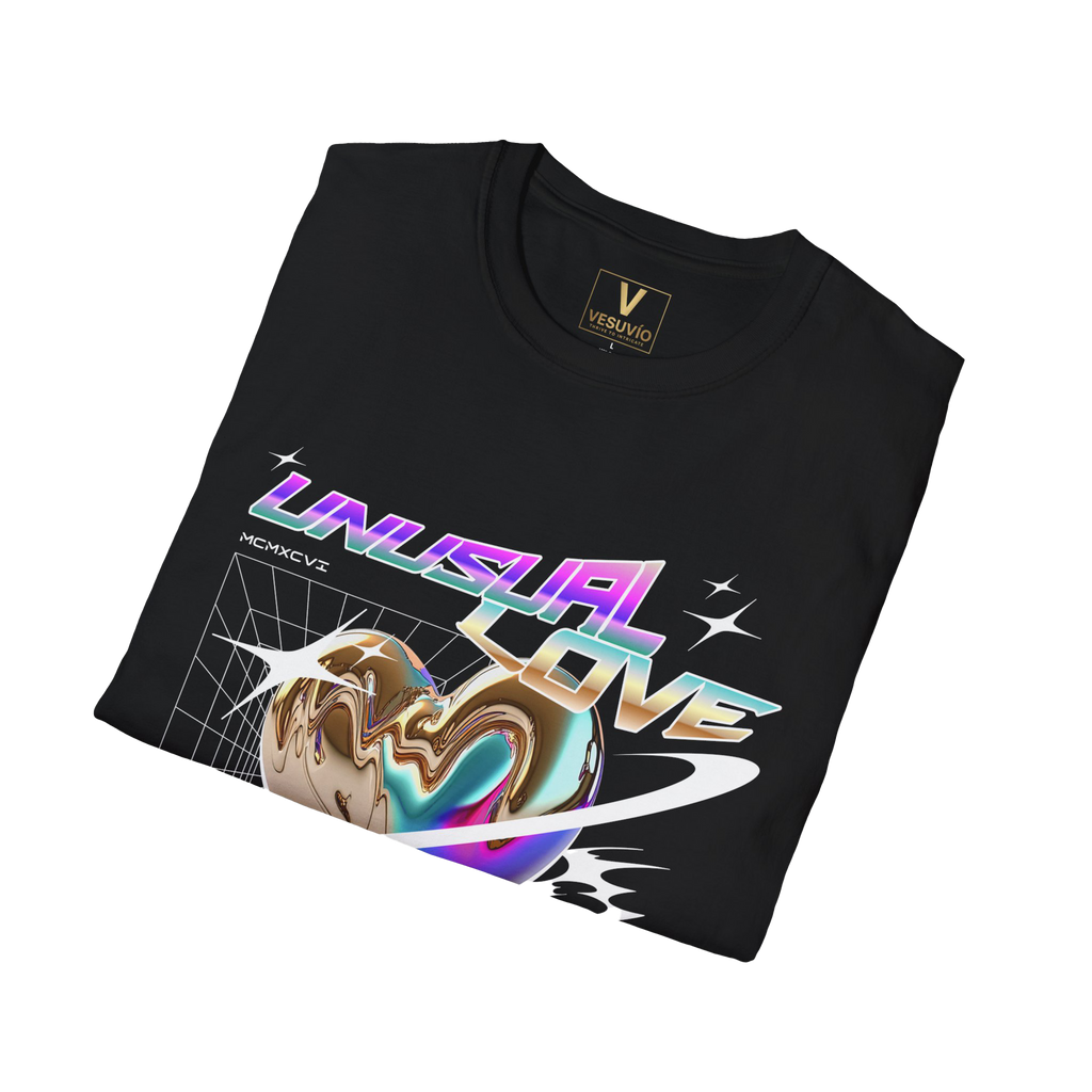 Black t-shirt with colorful 'UNUSUAL LOVE' design and Vesuvio logo.