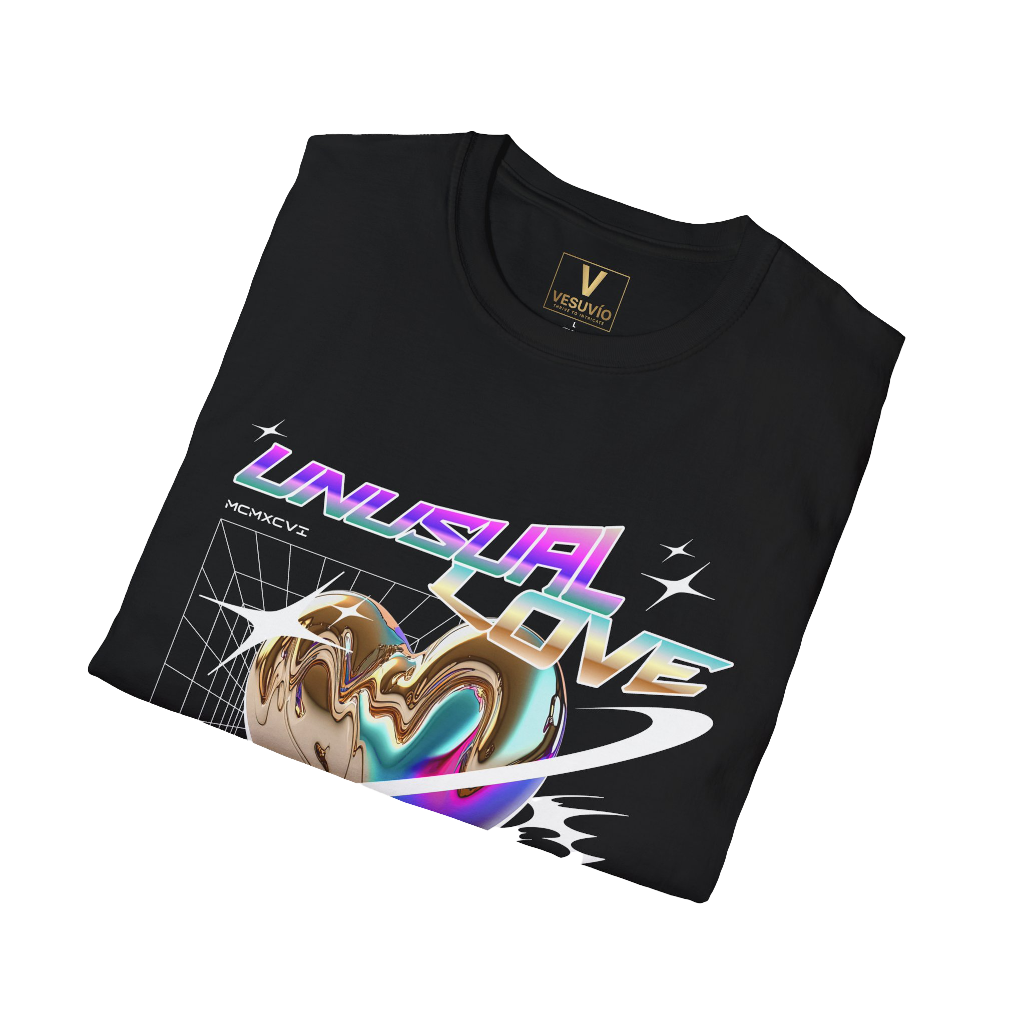 Black t-shirt with colorful 'UNUSUAL LOVE' design and Vesuvio logo.