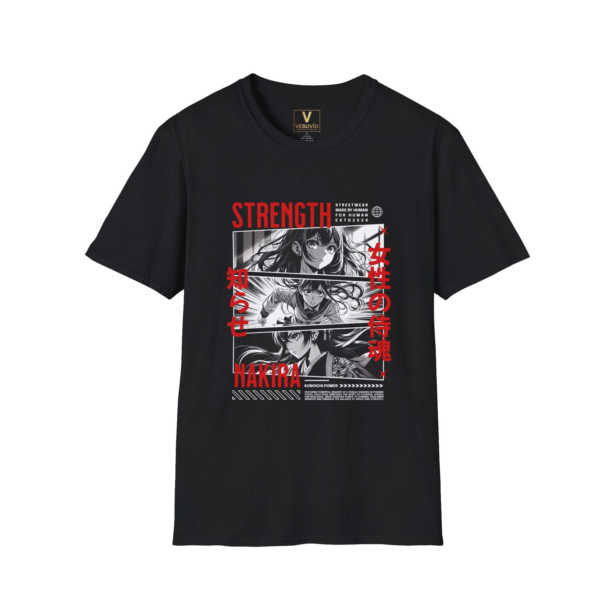 Anime Strength Graphic T-Shirt — Japanese Kanji Panel Design