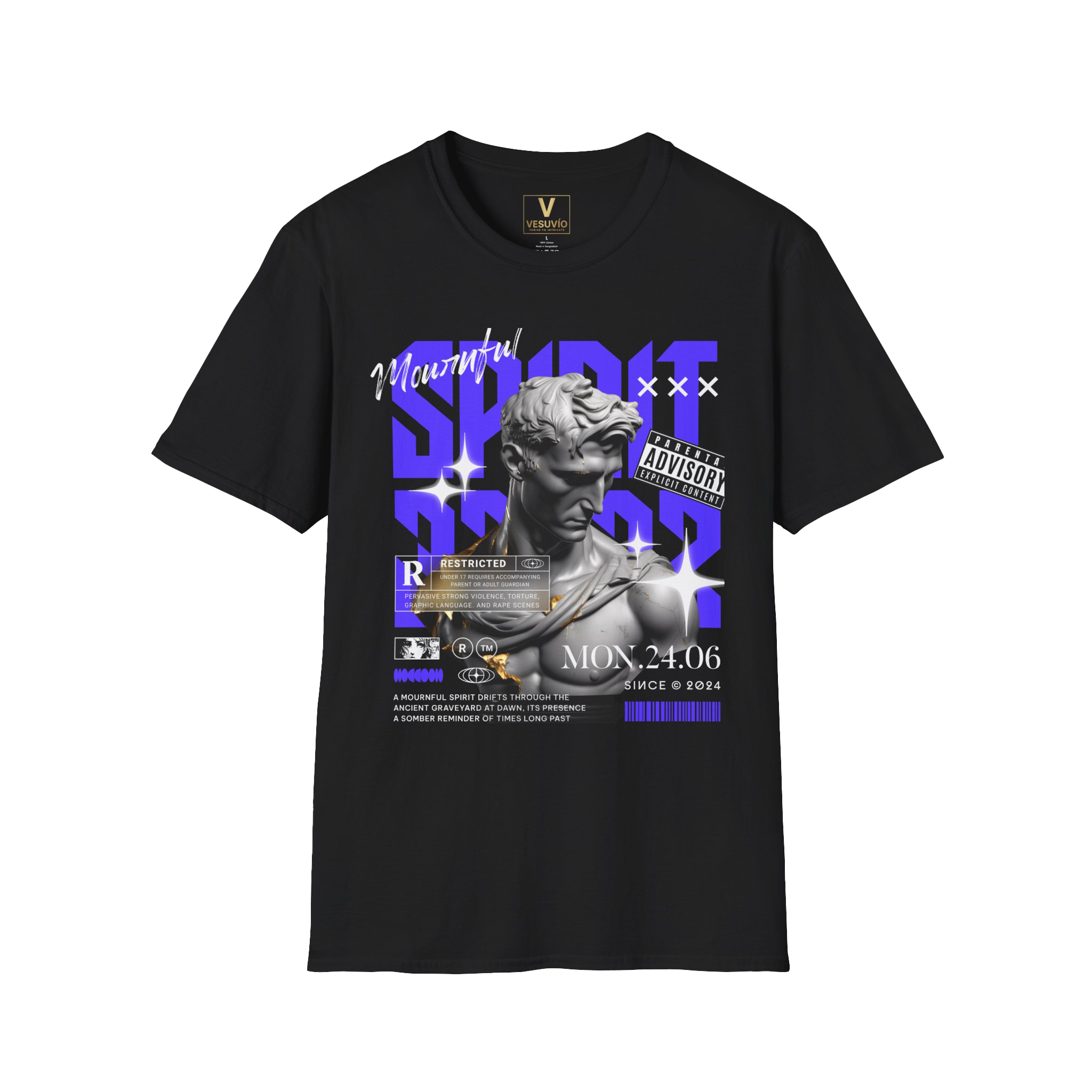 Graphic T-Shirt — Vaporwave Statue Collage Tee with Purple Accents