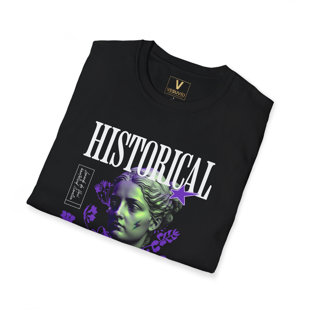 Historical Statue Graphic Tee — Neon Purple Vintage Sculpture T-Shirt
