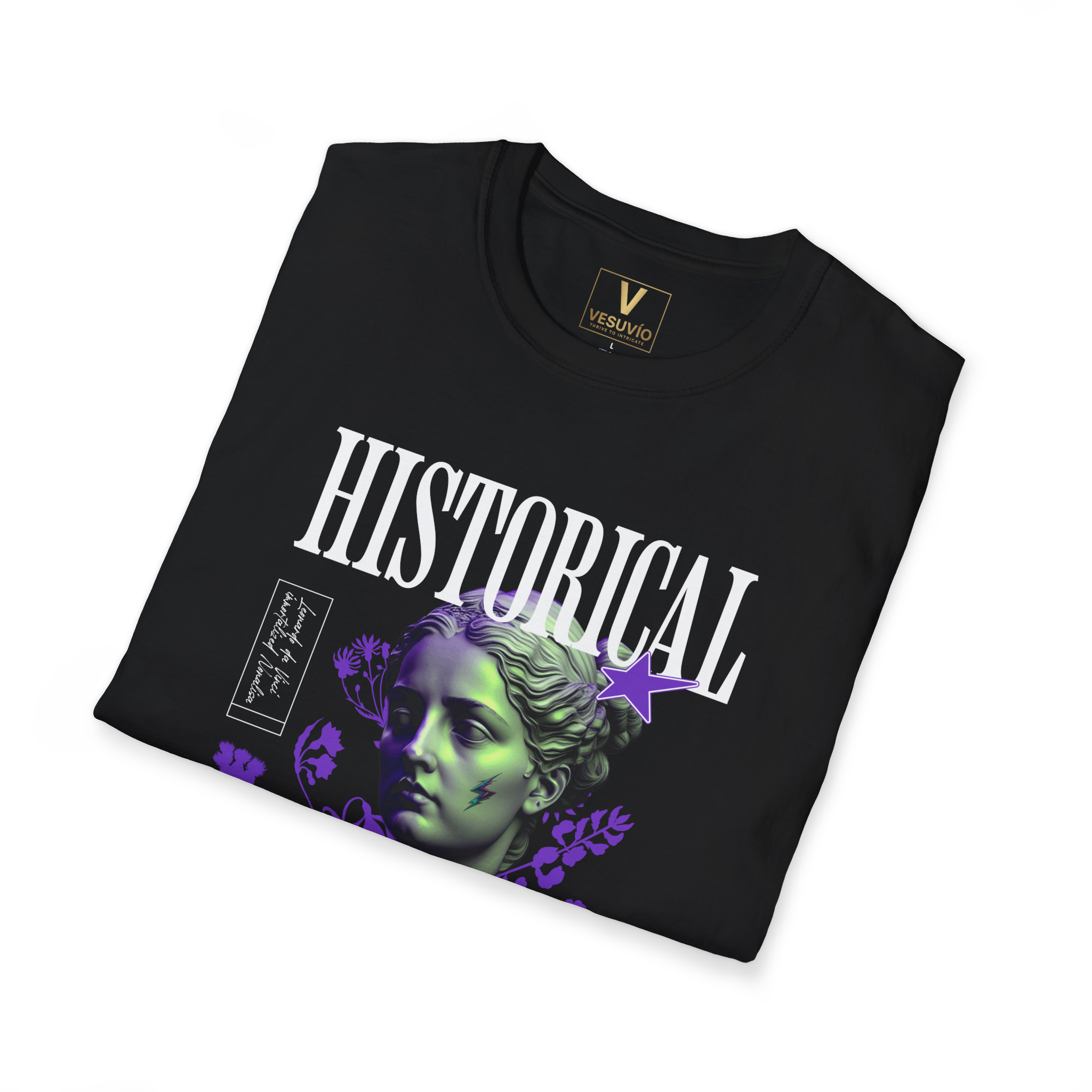 Historical Statue Graphic Tee — Neon Purple Vintage Sculpture T-Shirt