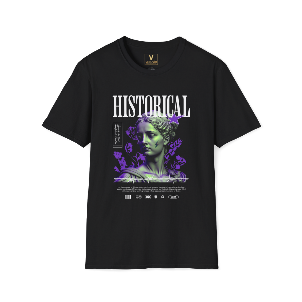 Historical Statue Graphic Tee — Neon Purple Vintage Sculpture T-Shirt