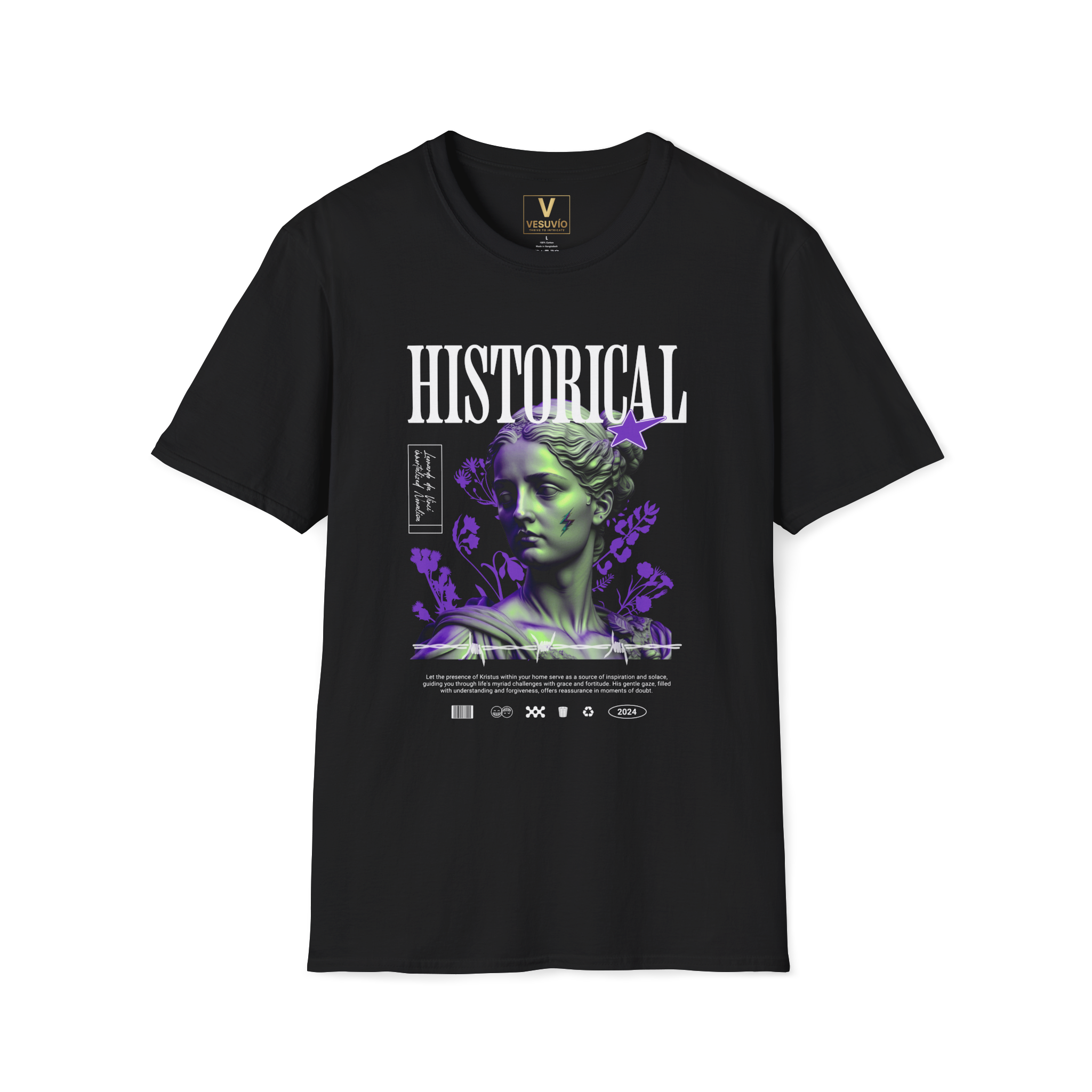 Historical Statue Graphic Tee — Neon Purple Vintage Sculpture T-Shirt