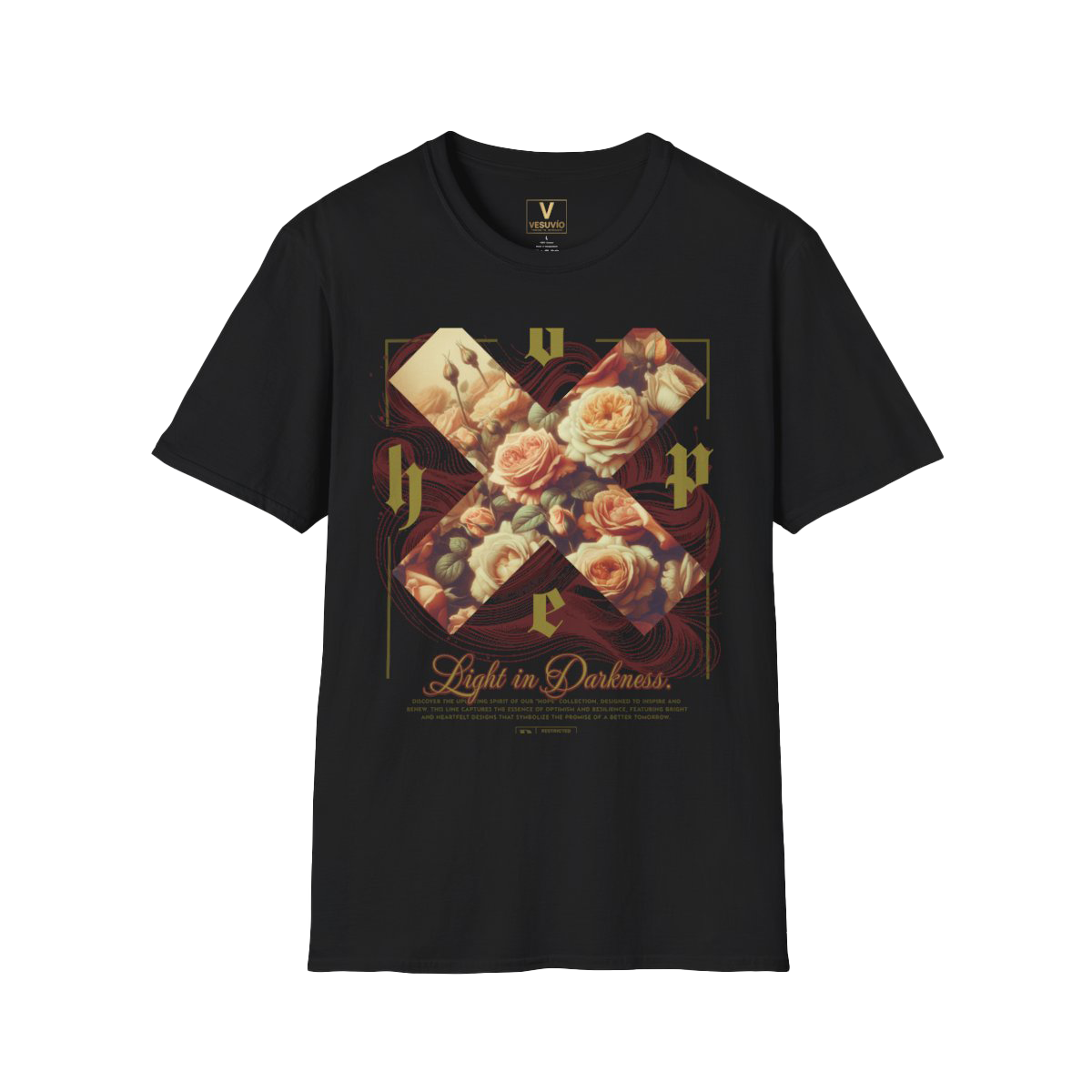 Vintage Floral Cross T-Shirt | Roses, Ornate Script, Dark Aesthetic